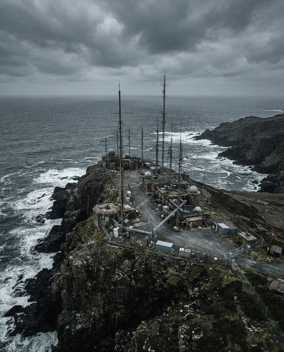 Coastal Communication Tower: Aerial View in Stormy Weather