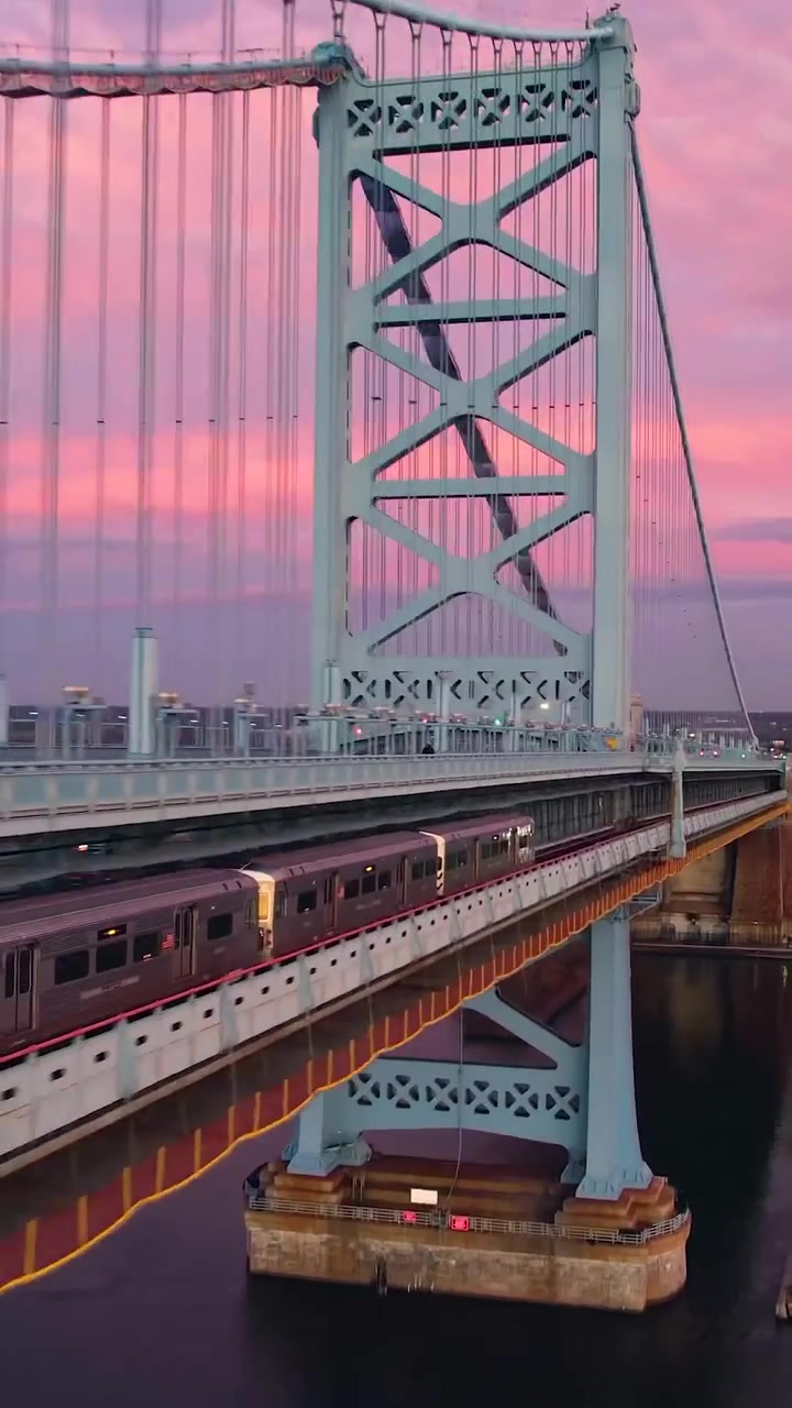 Benjamin Franklin Bridge Train Sunset View