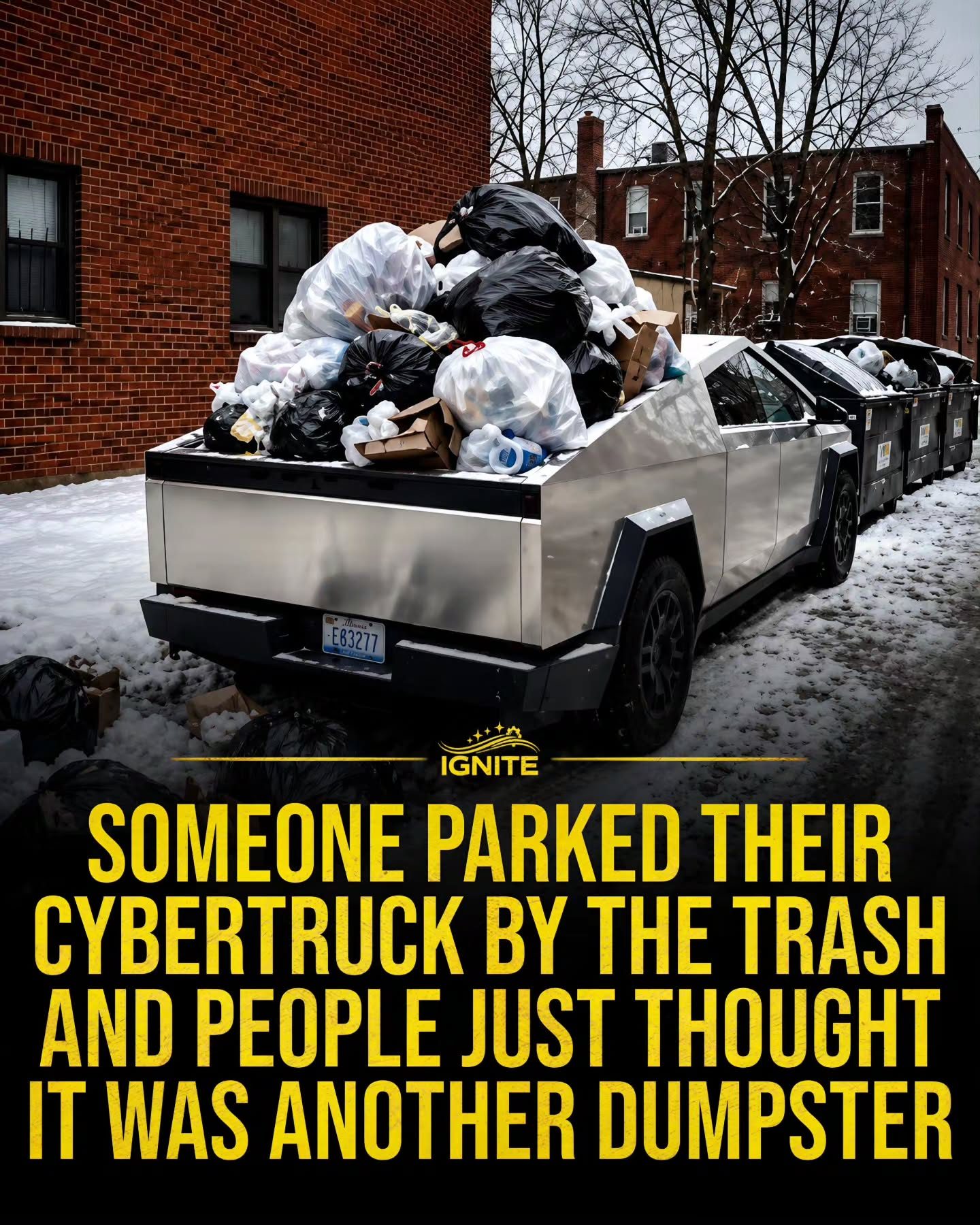 Tesla CyberTruck Mistaken for Trash Dumpster in Winter Street Scene