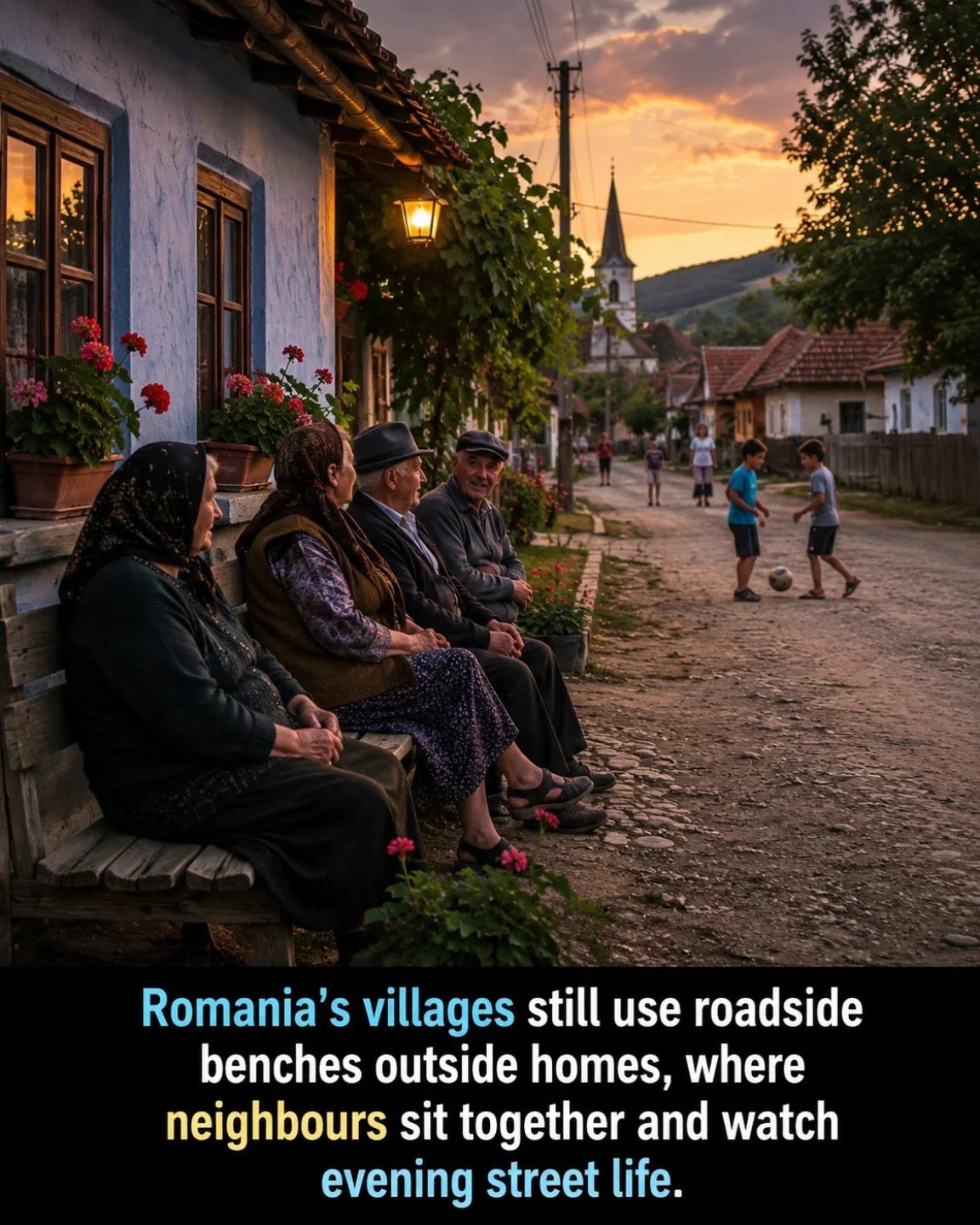 Enjoying Evening Life in a Charming Romanian Village