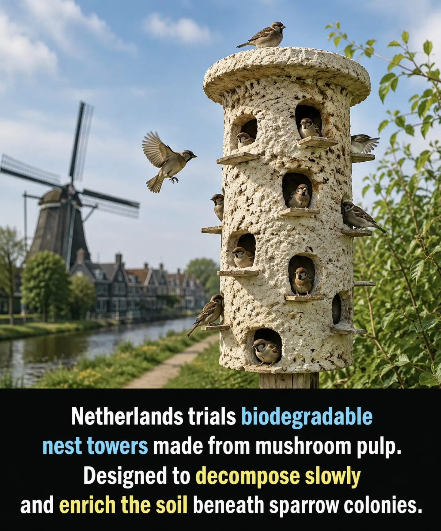 Sustainable Sparrow Nest Towers: Mushroom Pulp Birdhouses in the Netherlands