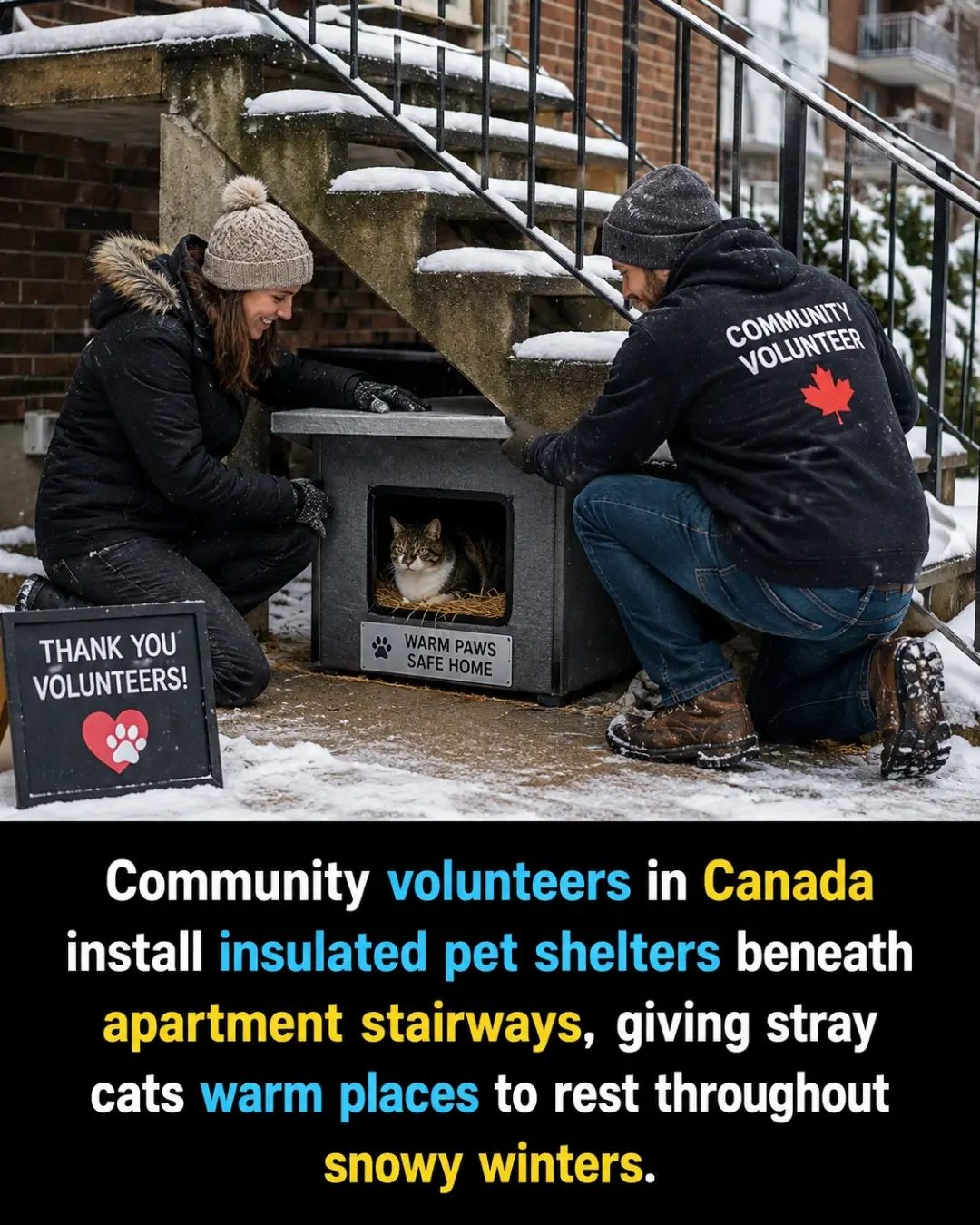 Volunteers Installing Pet Shelters for Stray Cats in Canada