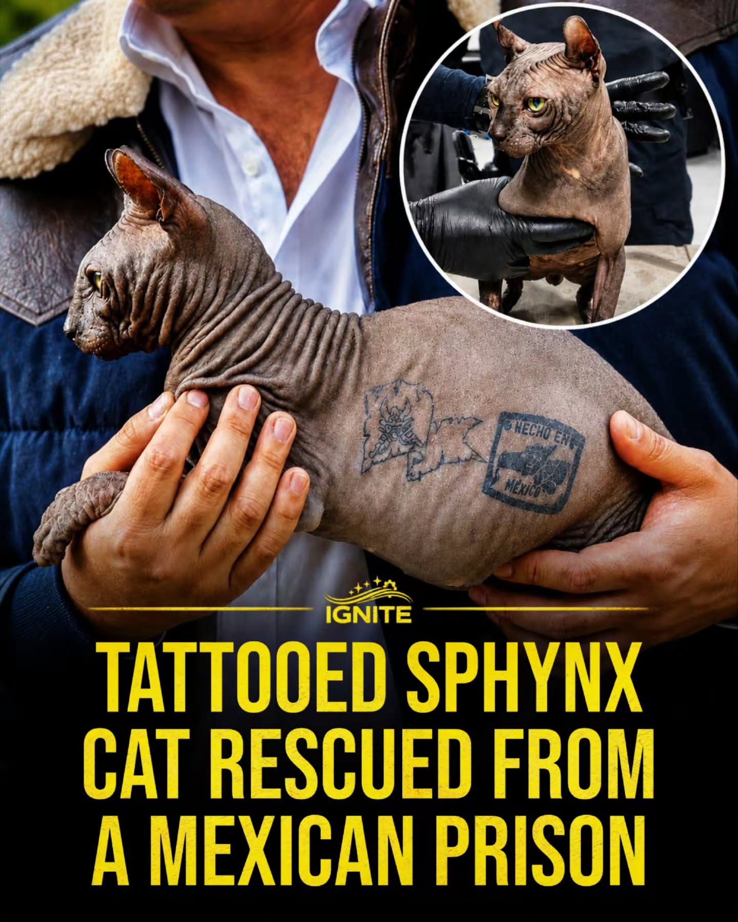 Tattooed Sphynx Cat Rescued from Mexican Prison