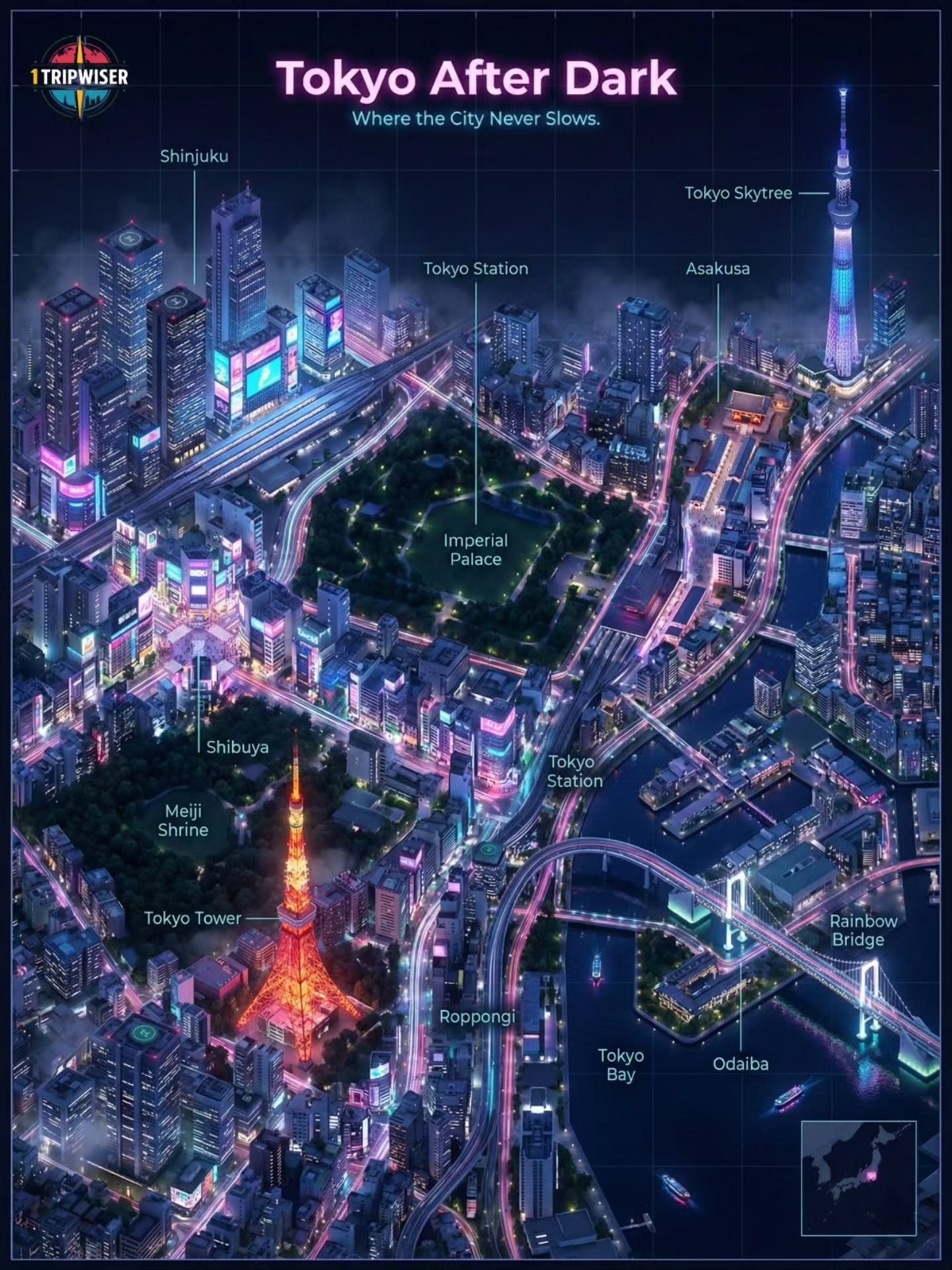 Explore Tokyo's Nightlife: Illustrated Guide to Top Landmarks