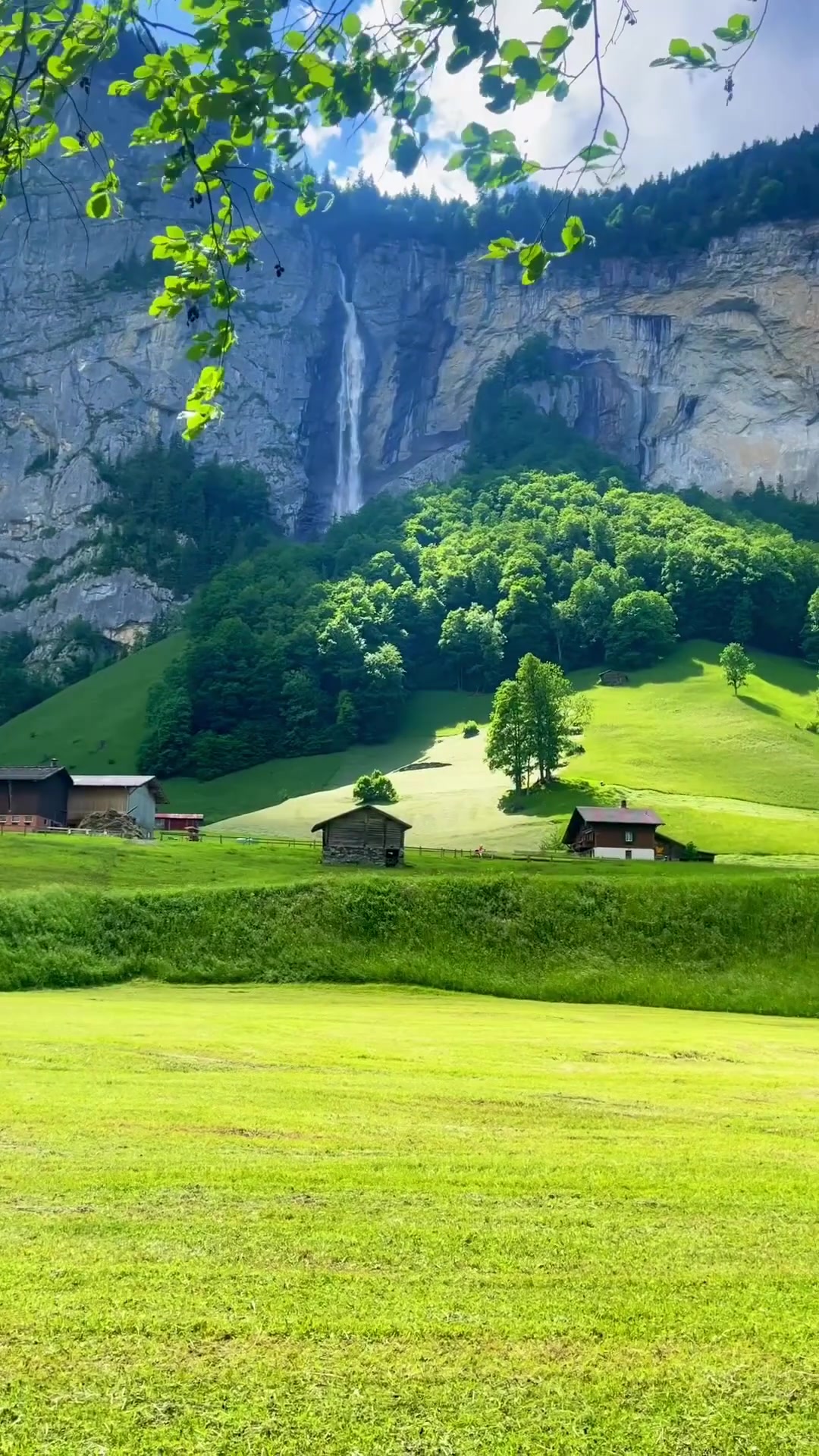 Switzerland's Scenic Landscapes: Meadows, Houses, Waterfalls