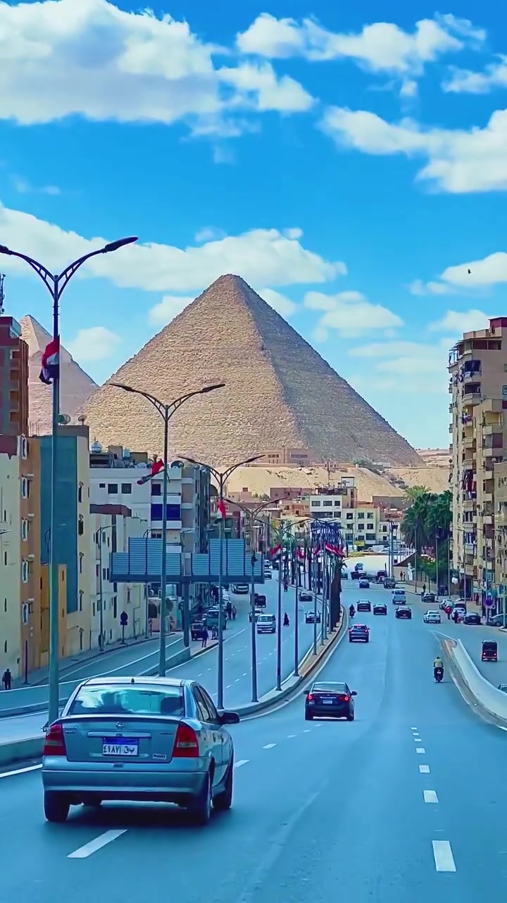 Egyptian Road with Pyramid View from Car