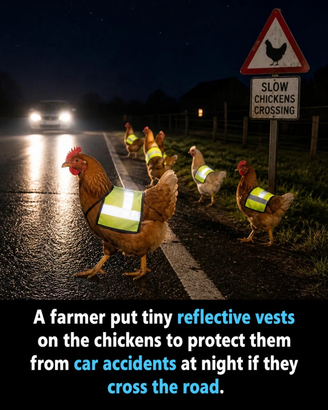 Farmer's Innovative Solution: Chickens in Reflective Vests for Nighttime Road Safety