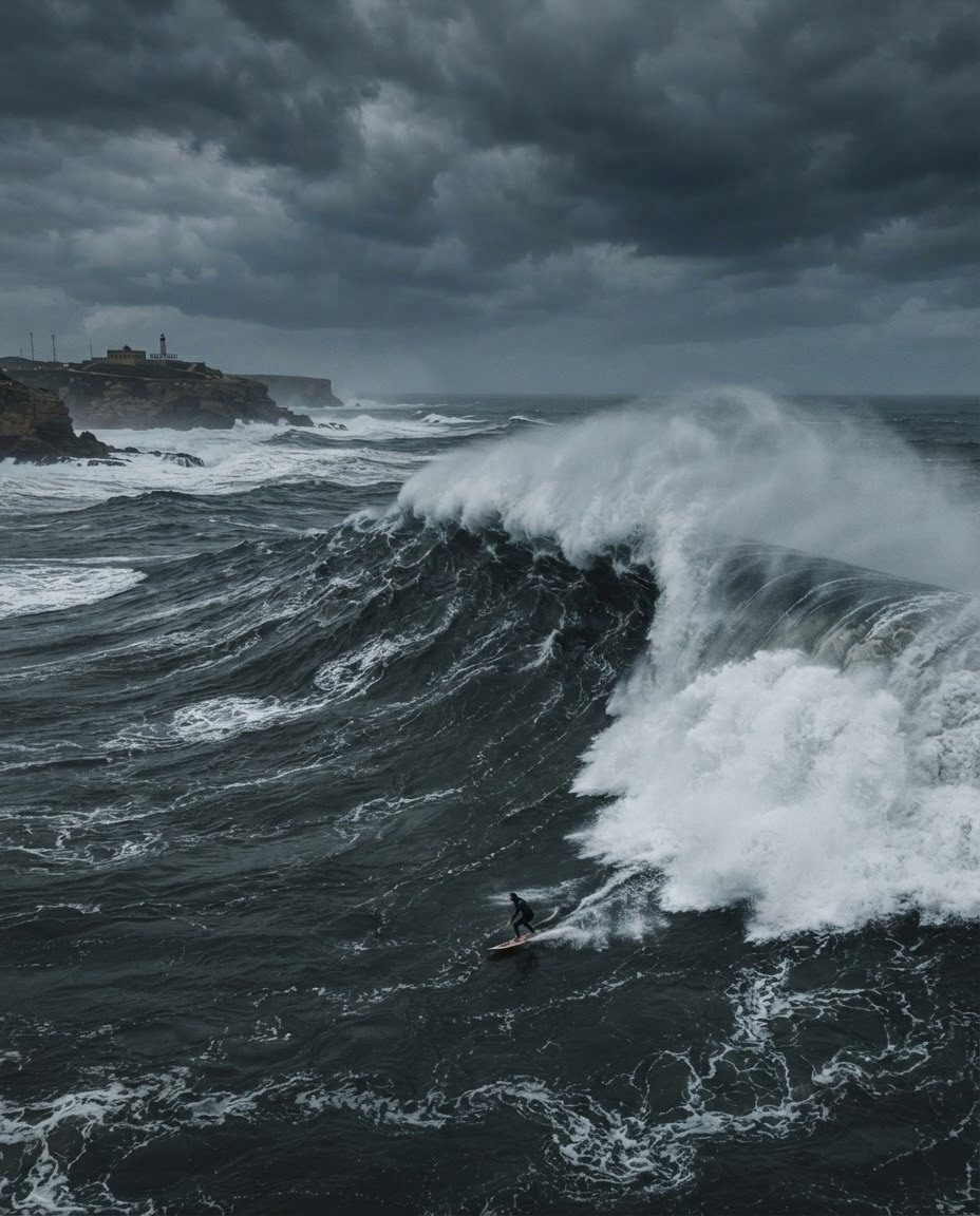 Stormy Ocean Surf: Surfer Rides Massive Waves