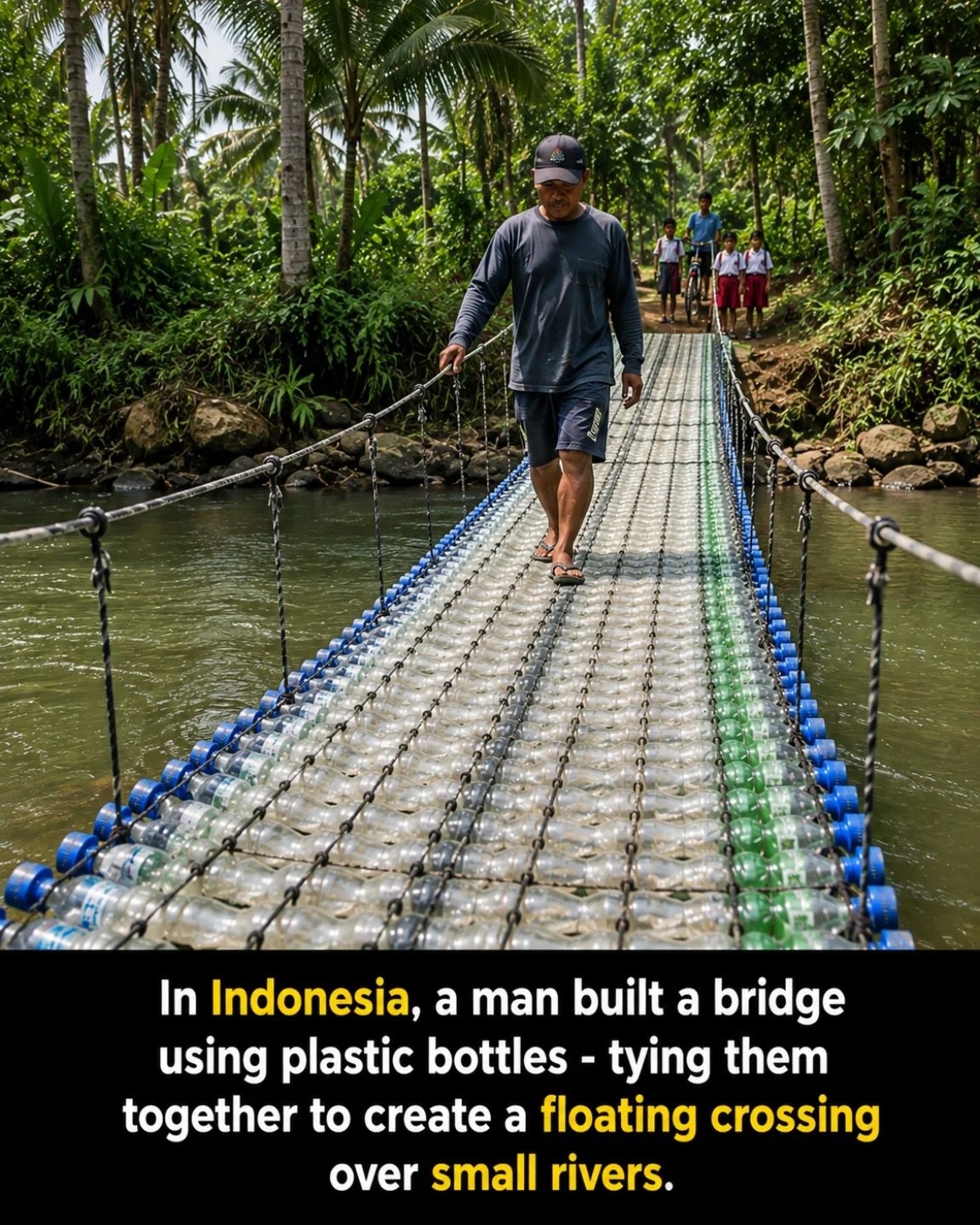 Indonesian Man Builds Bridge from Recycled Plastic Bottles