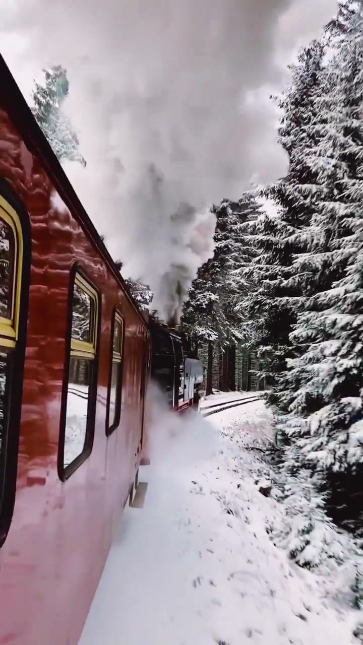 Vintage Train Journey Through Snowy Mountains