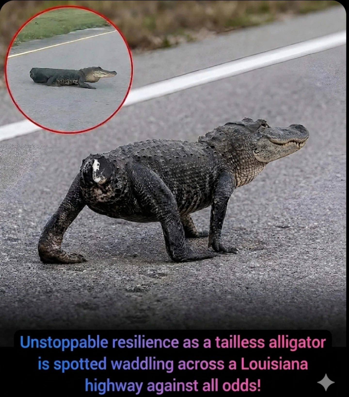 Tailless Alligator's Unstoppable Journey on Louisiana Highway