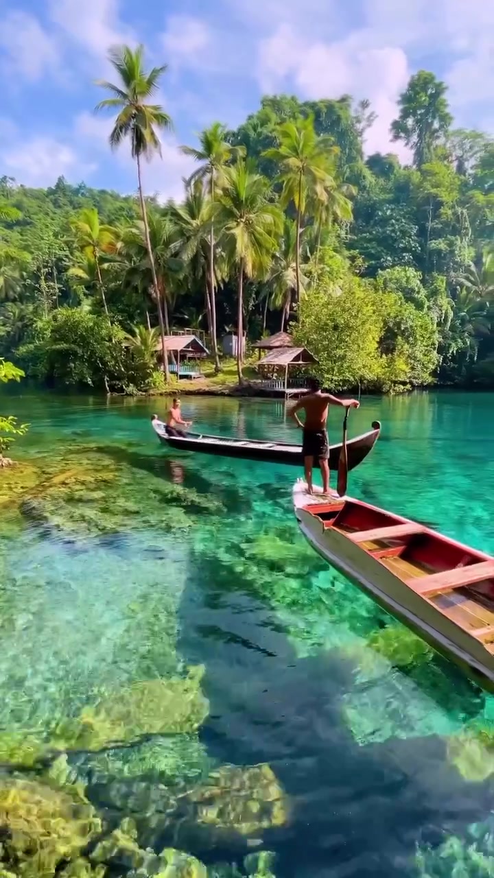 Tropical Lake Scene: Clear Water, Traditional Boats