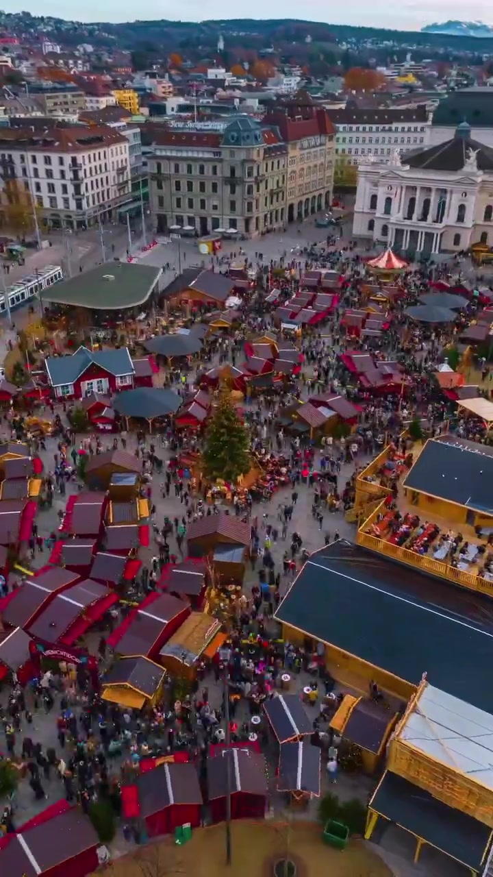 Christmas Market Aerial View: Festive Lights and Stalls