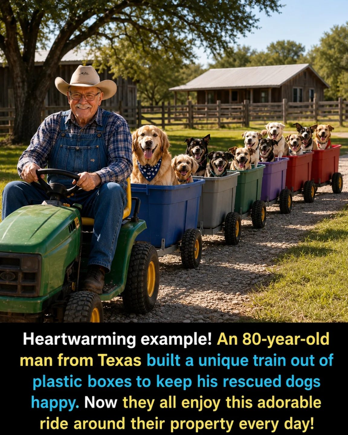 80-Year-Old Man Builds Dog Train for His Rescued Golden Retrievers