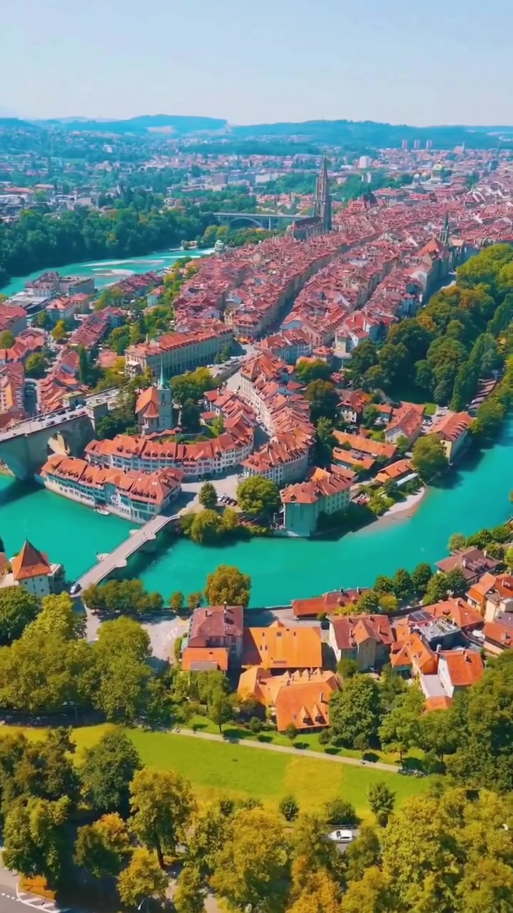 Bern Switzerland Aerial Views: River and City
