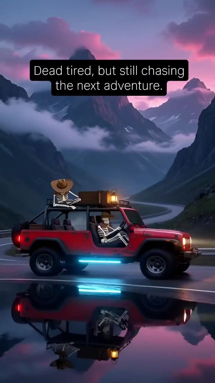 Animated Adventure: SUV Road Trip with Skeletons