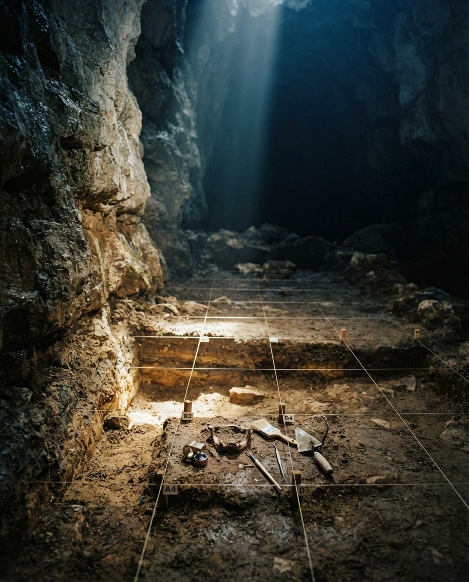 Cave Archaeological Dig Site: Excavation in Progress