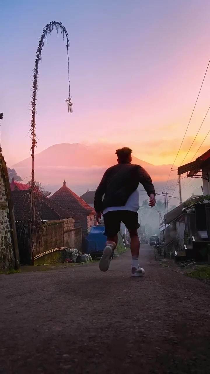 Running at Sunset in Bali's Traditional Architecture