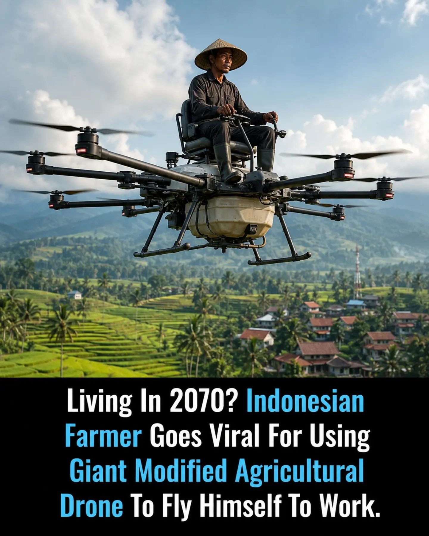 Indonesian Farmer Flies to Work with Giant Agricultural Drone