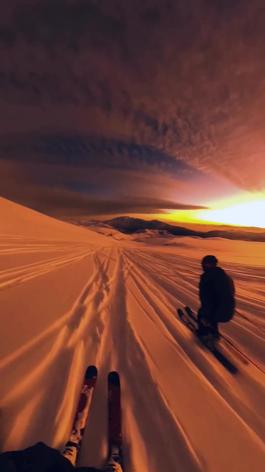 Skiing at Sunset: First-Person Perspective