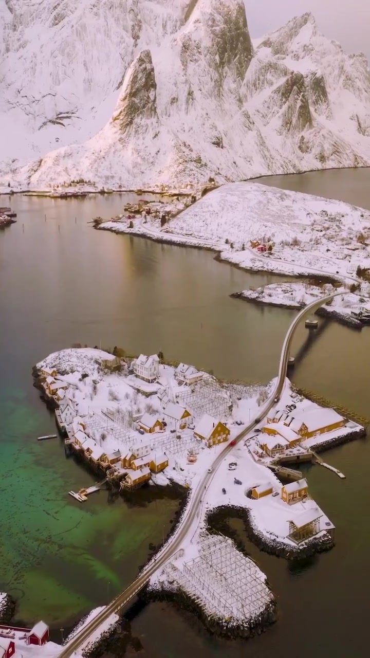 Norwegian Fjord Village: Aerial View of Winter Wonderland