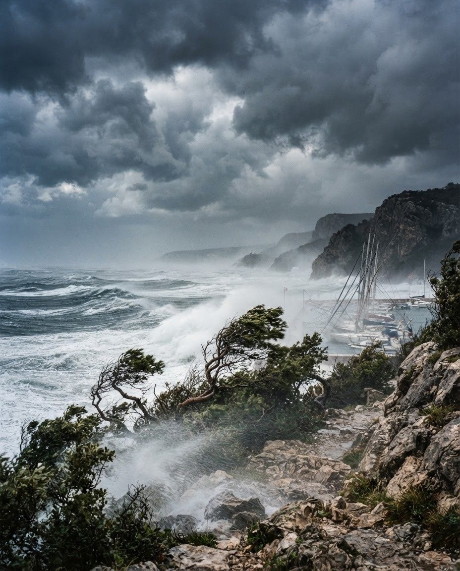 Stormy Coastal Scene: Dramatic Waves and Sailboat