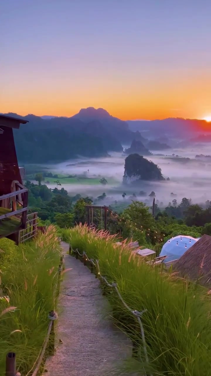 Mountainous Sunrise Landscape: Scenic Path and Misty Valley