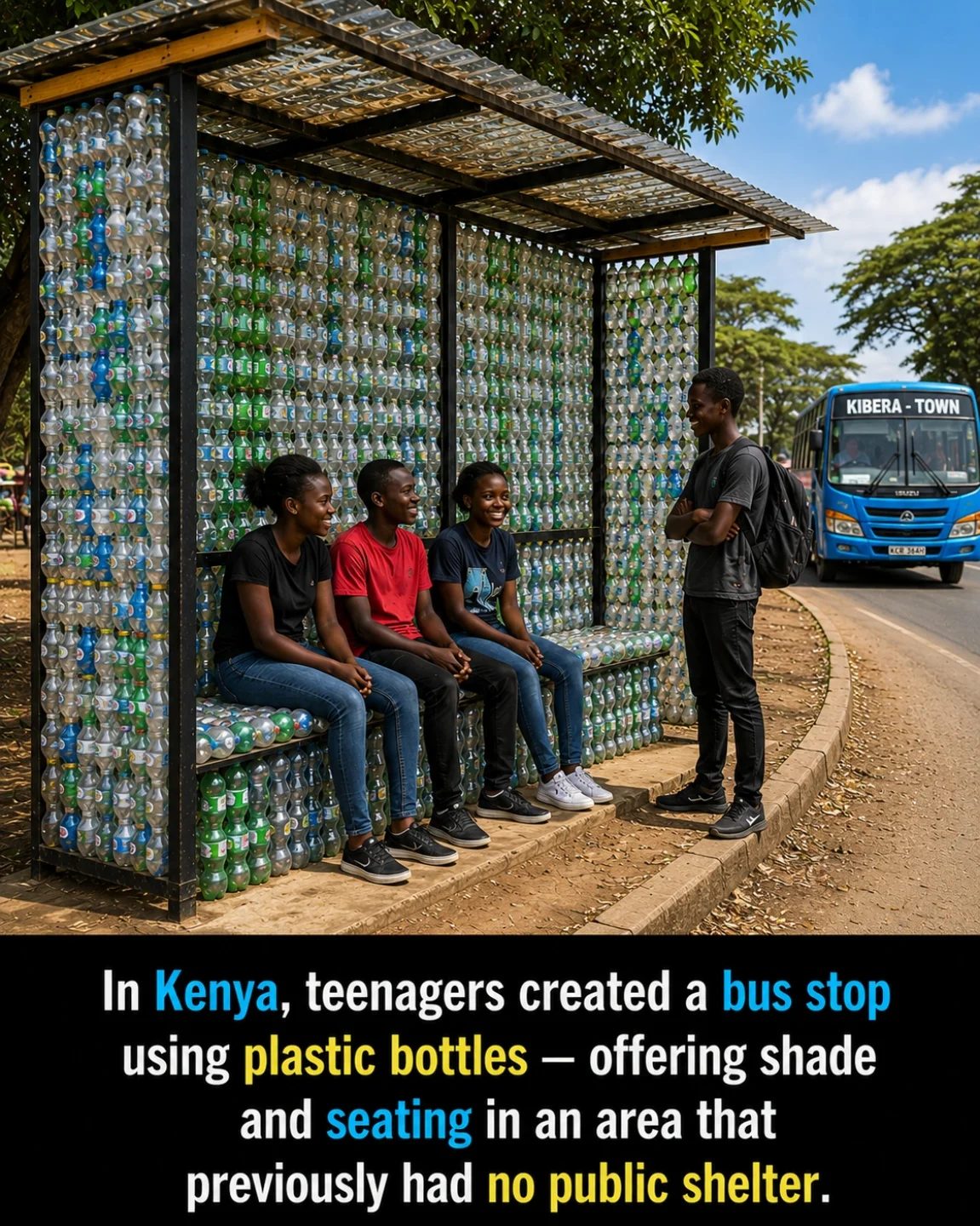 Teenagers in Kenya Build Eco-Friendly Bus Stop from Plastic Bottles
