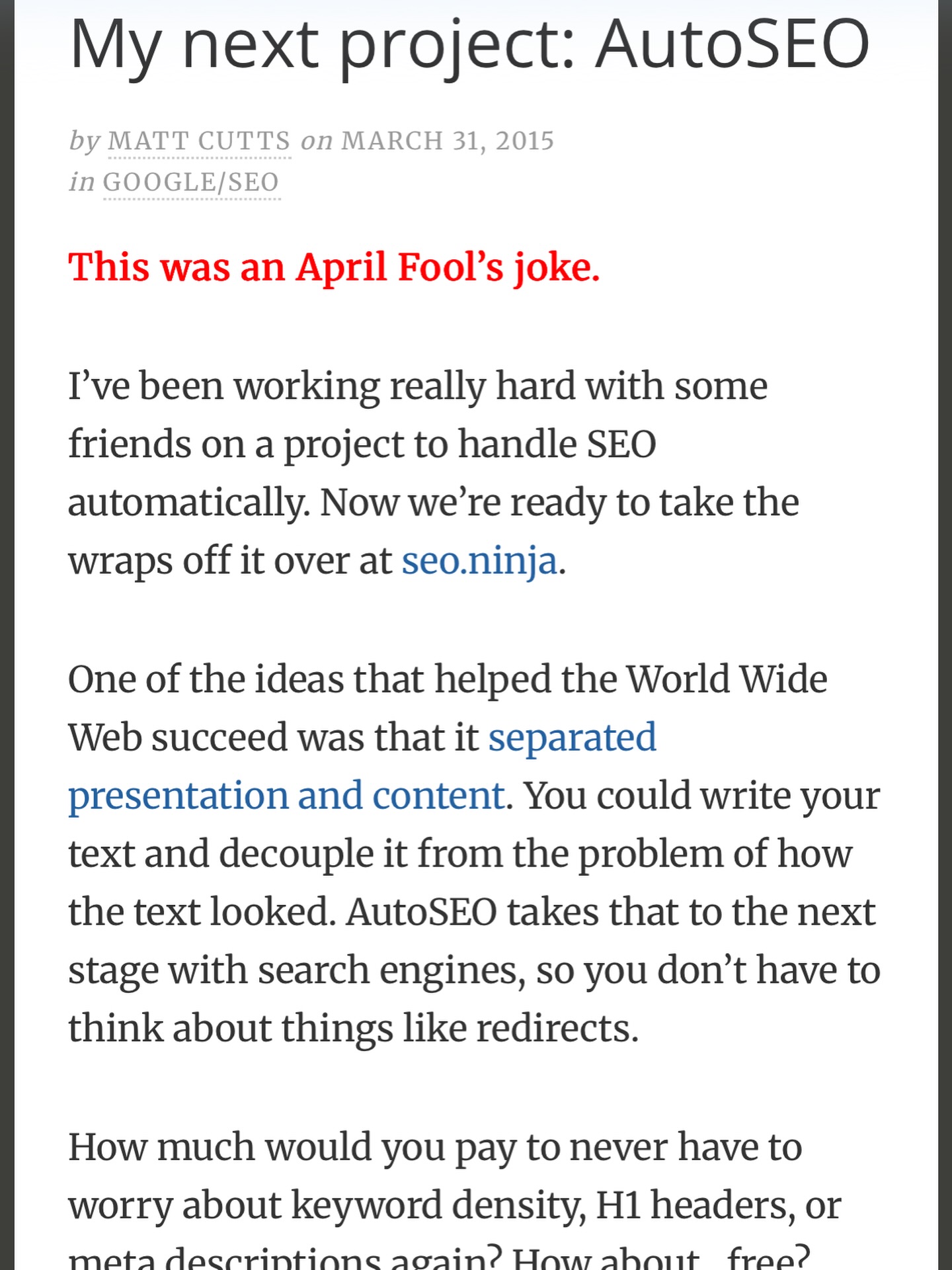 AutoSEO: Matt Cutts' April Fool's SEO Automation Project