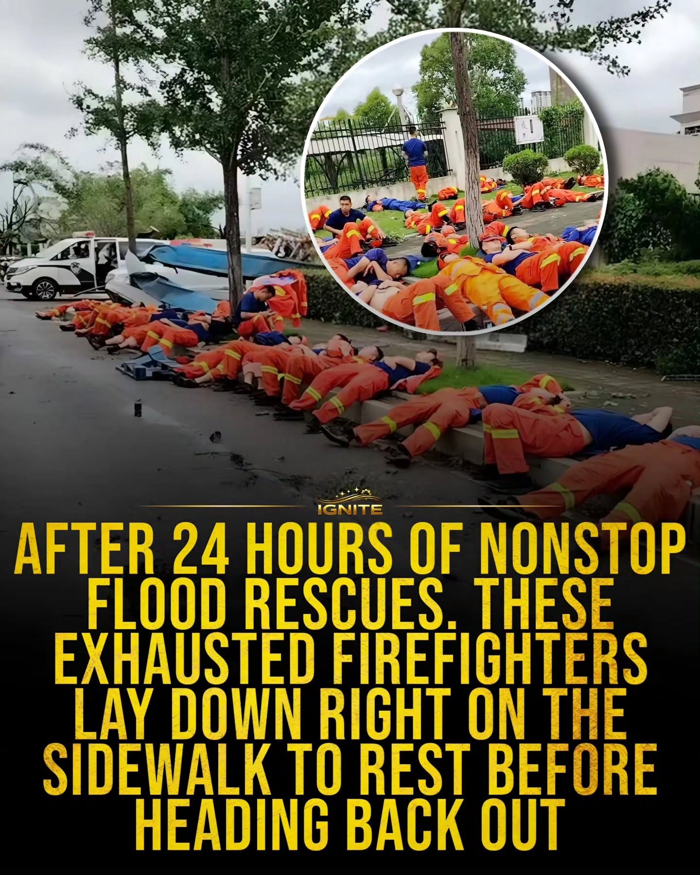 Firefighters Take a Breather After 24-Hour Flood Rescue